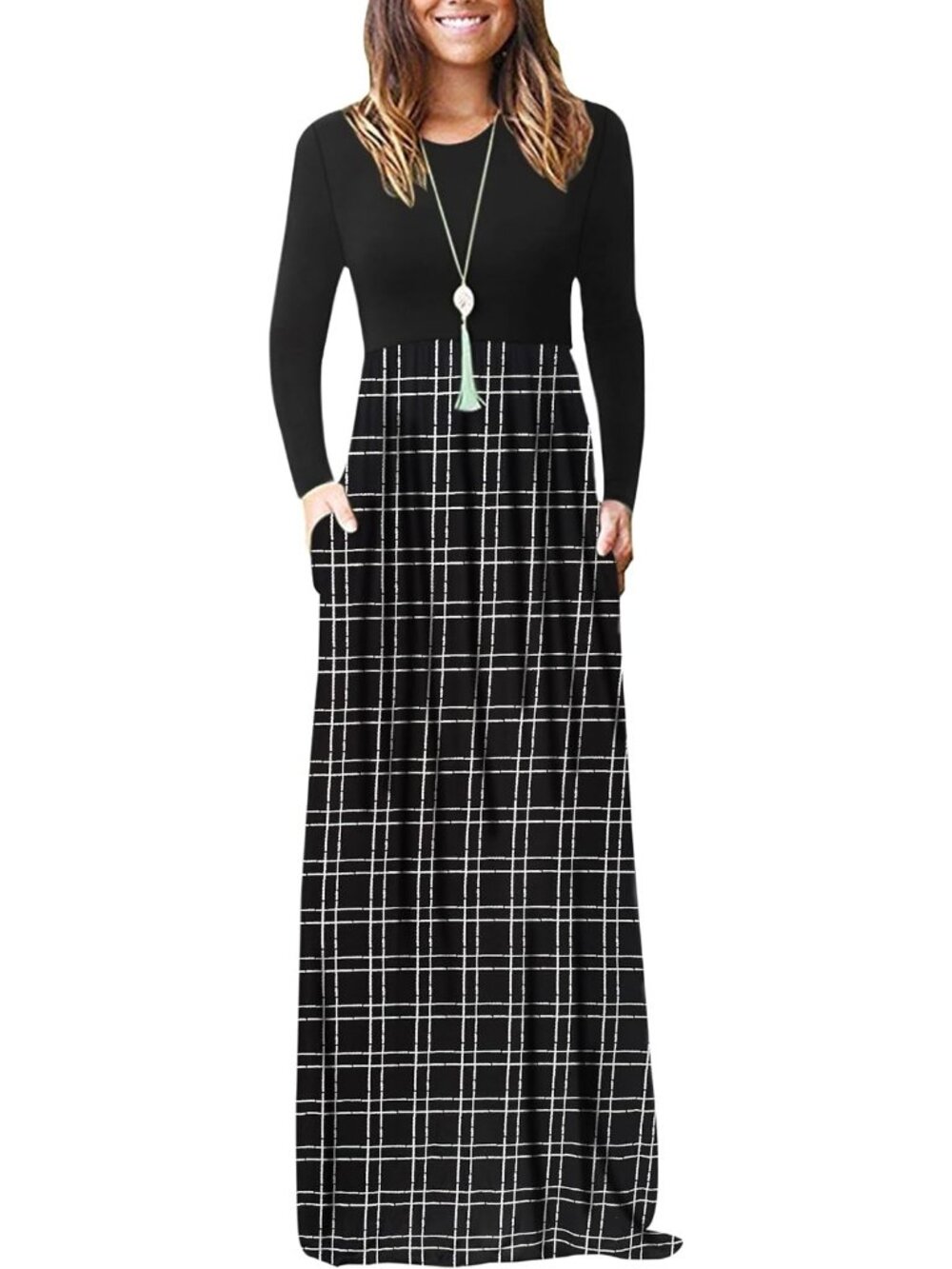 Women's White Black Plaid Crew Neck Long Sleeve Pull On Soft Pocket Maxi Dresses